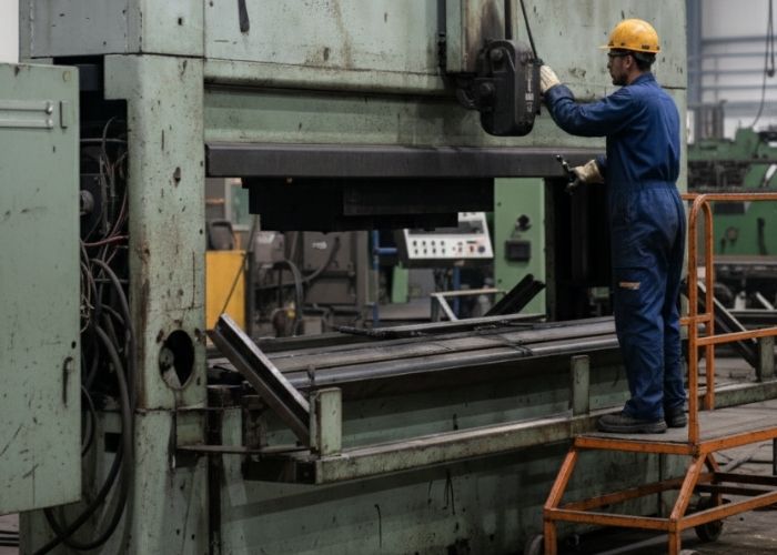 Demontaż maszyny przemysłowej w hali produkcyjnej w Chorzowie