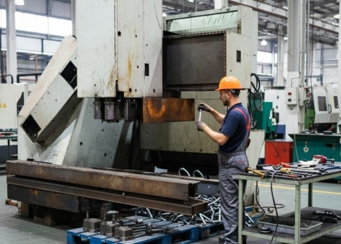 Demontaż maszyny przemysłowej w hali produkcyjnej w Siemanowicach Śląskich