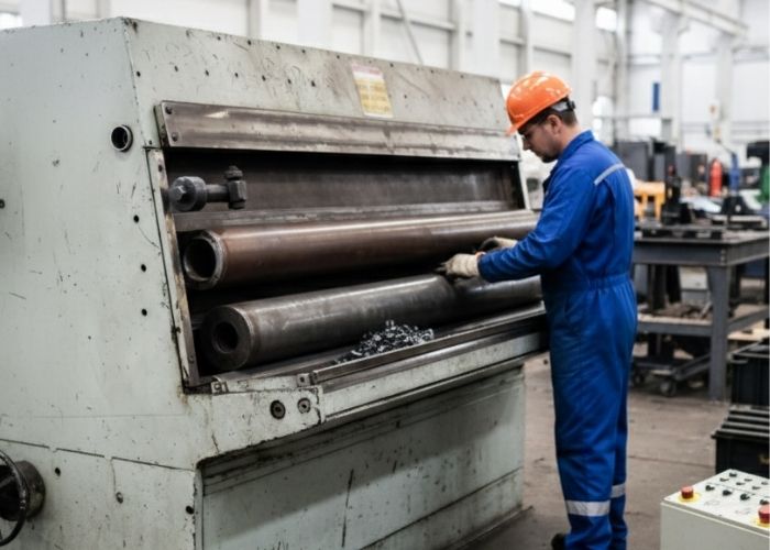 Demontaż maszyny przemysłowej w hali produkcyjnej w Tychach