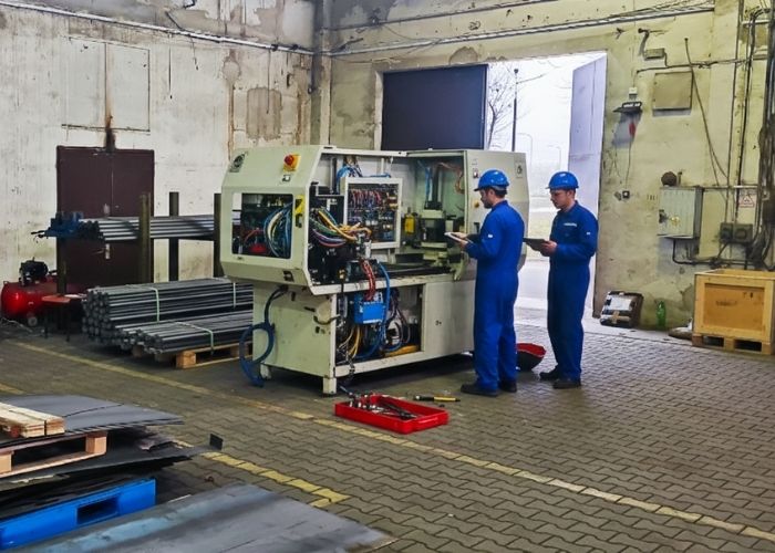 Demontaż maszyny przemysłowej w hali produkcyjnej w Pajęcznie