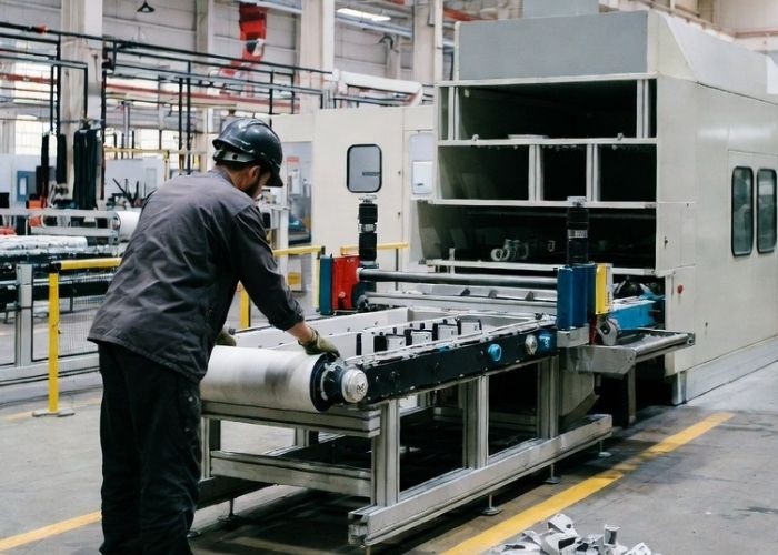 Demontaż maszyny przemysłowej w hali produkcyjnej w Tarnowskich Górach