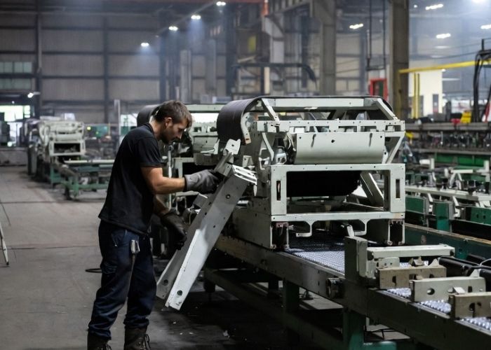 Demontaż maszyny przemysłowej w hali produkcyjnej w Wolbromiu